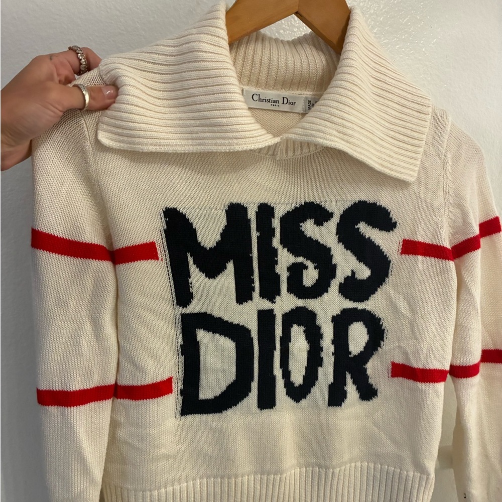 Dior Cream Knit Sweater with Black Logo and Red Stripe Accents